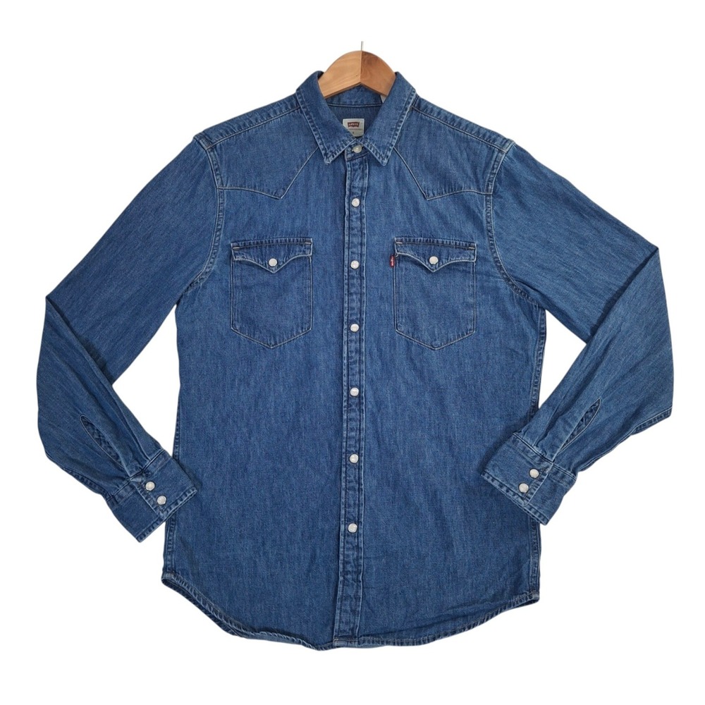 Levis Mens Standard Fit Western Denim Shirt Blue Long Sleeve Snap Front Small